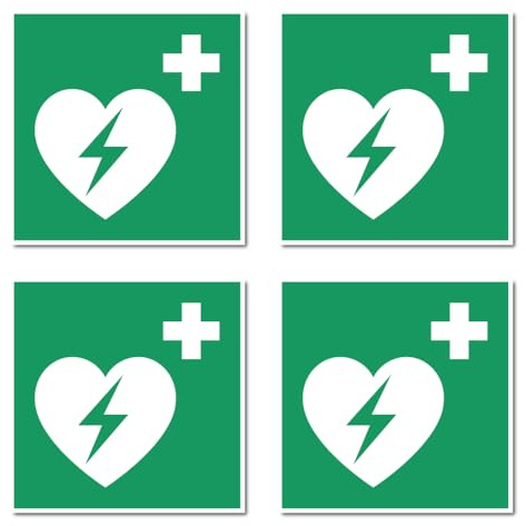Automatisierter Externer Defibrillator (AED), Rettungszeichen: E010 - DIN EN ISO 7010 / ASR A1.3 - Aufkleber: 7.5 cm, 4 Stück