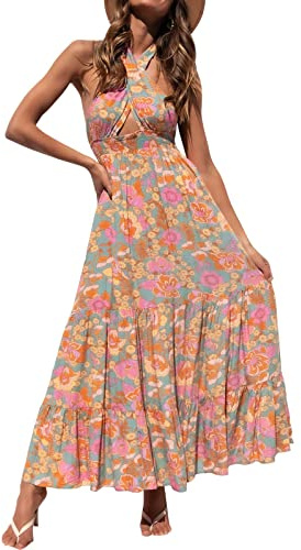 ZESICA Vestido Largo de Verano 2025 con Cuello Halter Cruzado sin Mangas a Cuadros Recortado sin Espalda para Mujer