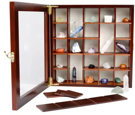 SmartyRocks Adjustable Rock Display Case - Rock Collection Box with Fabric Bed for Mineral Display - Dark-Finish Shadow Box with Shelves for Crystal Storage