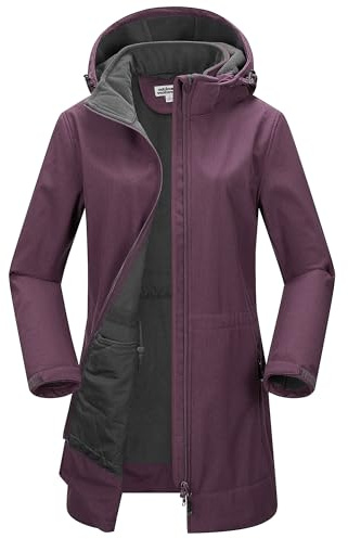 Outdoor Ventures Dam softshell lång jacka med huva fleece fodrad vindtät jacka för kvinnor vattentät vindjacka, Fuchsie, S