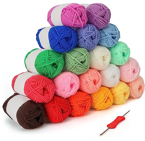 Kurtzy 20er Pack Bunte Wolle zum Häkeln - Häkelnadel 3 mm im Lieferumfang Enthalten - Jedes Häkelgarn Baumwolle Garnknäuel Wiegt 25 g - Insgesamt 1000 m Farbige, Weiche Baumwolle zum Häkeln