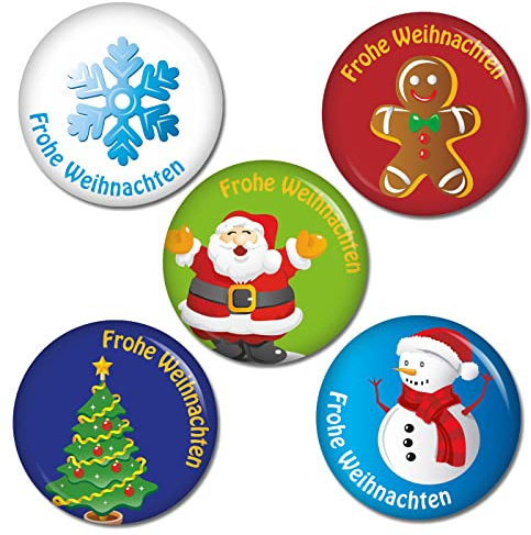 Kiwikatze Button Frohe Weihnachten – Set (5 Buttons) 37 mm Ansteckbutton Geschenkanhänger zu Weihnachten an Geschenkpapier oder als Deko oder Mitbringsel