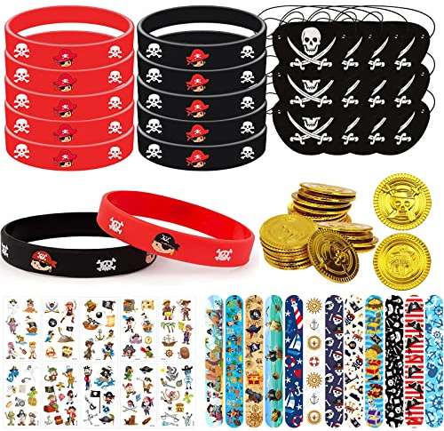 Piraten Kindergeburtstag Mitgebsel, 70 Stück Piraten Party Mitgebsel | Piratenmünzen Piraten Silikonarmband Kinder Schnapparmband Piraten Augenklappe Tattoos für Kinder Piraten Deko