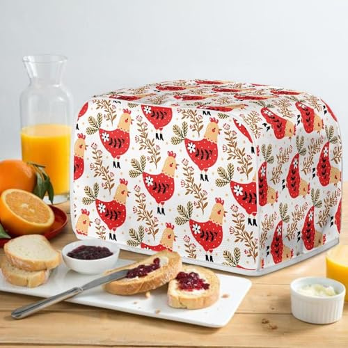 Kuiaobaty Chickens Floral Print Cover for Toaster 4 Slice, Small Washable Kitchen Appliances Cover with Hook, Dust and Fingerprint Proof