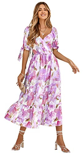 HEYPORK Damen Frühling Sommer Rock Bequem Lässig Kleider Elegant Röcke Frauen V-Ausschnitt Solide Farbe Lotus Blatt Ärmel Lässig Langes Kleid