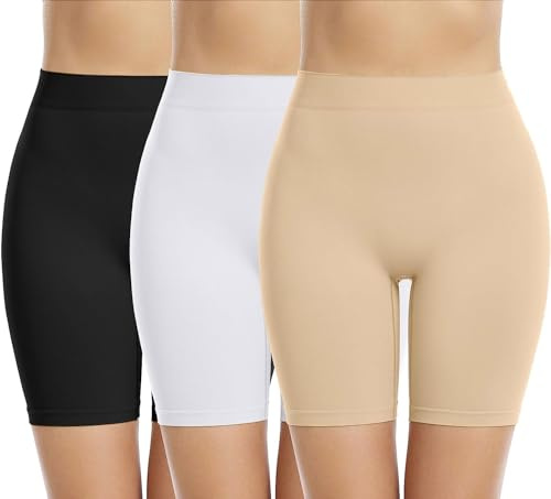 Memoryee 3Pack Cycliste Boxer Shorty Femme Slip Anti Frottement Cuisse sous Jupe Douce Legging Court sans Couture pour sous-Vêtements et Yoga/Black/Beige/White-3Pack/L