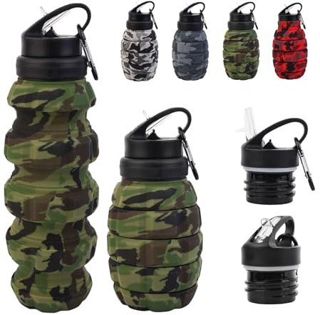 KUNHANG Bouteille d'eau de voyage pliable réutilisable en silicone pour salle de sport, camping, randonnée, armée, camouflage, bouteille avec mousqueton grenade (vert)