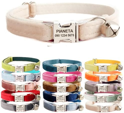 Katzenhalsband, personalisierbar, bestickt, mit Glöckchen, für Katzen und kleine Hunde, Welpen, Kätzchen – individueller Text mit Haustiernamen und Telefonnummer (S (15,2 cm - 25,4 cm), Cremeweiß
