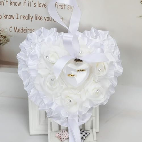 SYSUII Hochzeit Ringkissen,Vintage Hochzeitsdeko Ehering-Kissen mit Satinband Schleife Ringhalter in Herzform Hochzeit deko Strass Ring Kissen Ringbox Kissen für Valentinstag Hochzeit Eheringe -Weiße