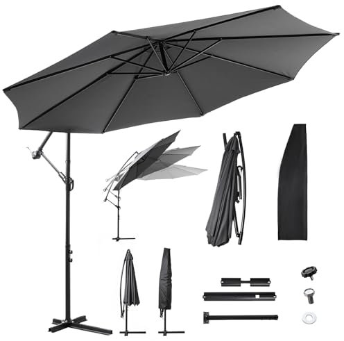 OMERAI 3M Garden Parasol Umbrella Cantilever Premium Banana Large Patio Parasol Umbrella with Crank Handle Sunshade Protection UPF 50+ Tilt Rotate Function, Grey