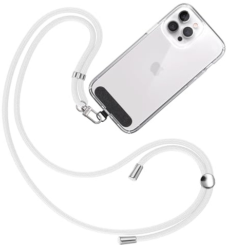 TBOC Cuerda para Movil Universal [Blanco] para Colgar Funda del Teléfono Móvil en Cuello - Cuerda móvil con Parche [Negro] de Tela - Cordón para móvil con Enganche