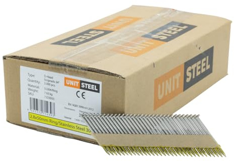 UnitSteel 34° Halbkopf-Streifennägel - 2,8X50mm, 3.000 stück, Nägel für Druckluft-Nagler, D-Kopf, Ring/Rostfrei Stahl, für fast alle Marken von Tackern
