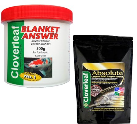 500g Cloverleaf Blanket Answer Koi Fish Pond Blanketweed Algae Treatment & Koi Sturgeon Sterlet Sinking Pellet Food - 250g Juvenile 2mm 54% Protein