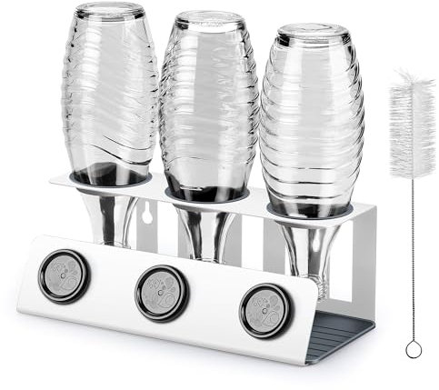 vinlley Flaschenhalter für Sodastream 3er Abtropfhalter mit Herausnehmbare Abtropfwanne und Deckelhalter, Abtropfständer für Sodastream Crystal und Emil Flaschen, Weiß