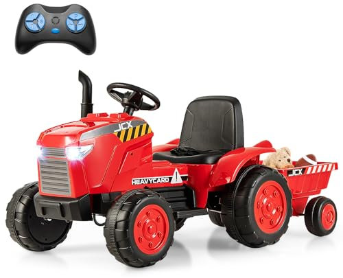 COSTWAY 12 V traktor med avtagbar släpvagn, elektrisk barntraktor med 2,4 G fjärrkontroll, lampor och tuta och USB & MP3, elektrisk traktor för barn från 3 år (röd)
