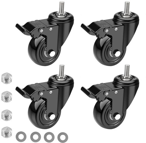 IQWTU 50mm Ruote per Carrello con Perno Filettato M10 x 1,5 x 30 mm, Set di 4 Ruote per Mobili con Freno, Cuscinetti Doppi Ruote Girevoli a 360°, Ruote Piroettanti per Carichi Pesanti Fino 300kg