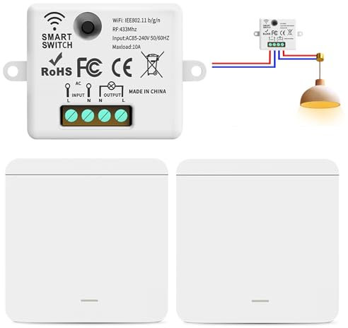 Vegena Interruttore luce radio, interruttore wireless, interruttore luce wireless, interruttore radio, ricevitore di sicurezza Rf, 433 MHz, con ricevitore, 2 pezzi