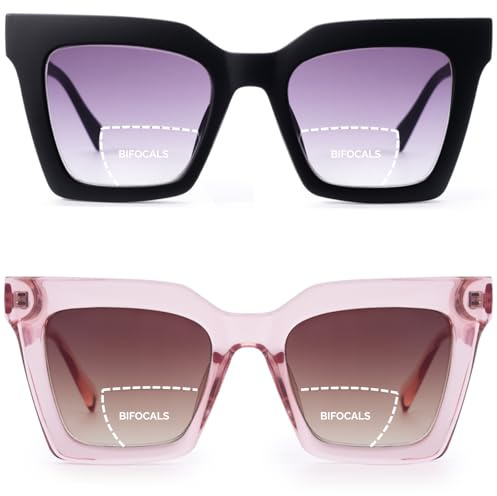 HGIOOIGH Bifocal Sun Readers 2 packs,Women's Chunky 51mm No Polarized Oversized Bifocal Reading sunglasses +1.5