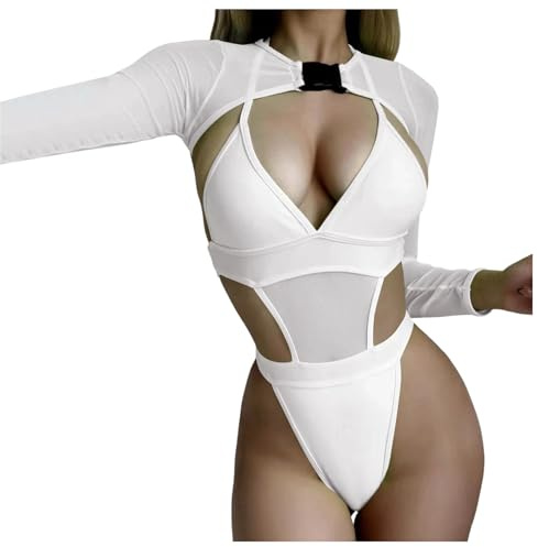 Generisch Festival Outfit Damen Rave Outfit Oberteil Badeanzug 2-Teilig Neon Rave Body Sexy Niedrig Geschnitten mit Y2K Langarm Crop Top Cover-Up Bikini Clubwear Kleidung Damen Weiß L