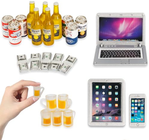 Hiawbon 24pcs Mini Beer Bottles Set, 1:12 Scale Miniature Beer Cans Glass Mini Laptop Tablet Smart Phone Dollar Bills Set, Miniature Scene Model for Fairy Garden Pub Bar Decoration Computer Simulation
