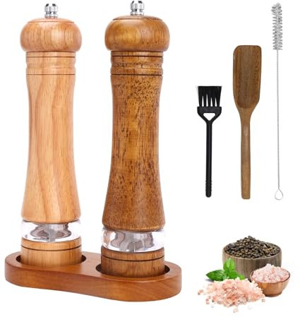Foyucool Juego de Molinillo Pimienta Madera con Bandeja, 2 Molinillo Especias Manual, Grueso Ajustable, Rotor de Cerámica para Moler, para Chile, Lila, Pimienta, Sal, 8 Pulgadas, (Madera+Marrón)