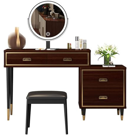 Großes Make-up-Tisch-Set mit 3 farbigen Touchscreen, beleuchtetem Spiegel, 5 Schubladen, Beistellschrank, Kommode, Schreibtisch und gepolstertem Hocker, eleganter Schminktisch (89,9 x 39,9 x 131,8 cm)