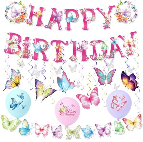 31 Pezzi Farfalle Decorative 3D,con Striscione Buon Compleanno,Farfalle Decorative da Parete,Spirali Decorative da Appendere Stickers Farfalla,Spirali da Appendere per Laurea,Decorazione