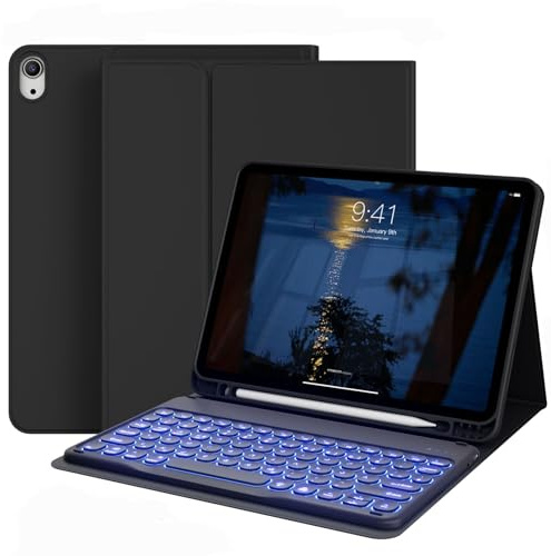GKABXY Hülle mit Tastatur für iPad Air 11 Zoll (M3/M2), ipad Air 7 6 5 4 (2025/2024/2022/2020) 10,9 Zoll, mit Stifthalter, QWERTZ Layout, 7 Farben Magnetische Abnehmbare Bluetooth Tastatur, Schwarz