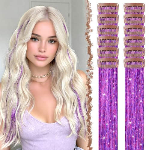 FESHFEN Extensions Cheveux Pailletées Clip-in 12 Pièces Tinsel Hair Extensions Colorées, Brillant Fairy Hair Kit Fête Accessoire Femme, Lilas 50 cm