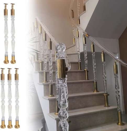 WhamtL Stair Spindles Interior Stair Baluster Post Clear Acrylic, Modern Gold Staircase Railing Banister Spindle Column, Floor Mount Decorative Stairway Balusters(5 PCS,80cm (31 1/2))