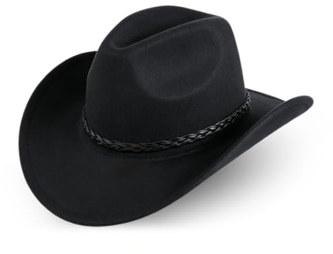 Tefrine Klassischer Cowboyhut für Damen und Herren, breite Krempe, Fedora mit Riemen, zeitloses Cowboy-Zubehör für Damen, perfekter Cowboyhut, Kostüm, unverzichtbar für Outdoor-Aktivitäten, Schwarz,