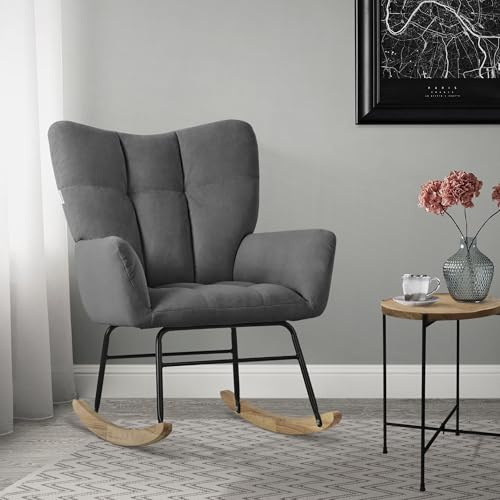 ML-Design Poltrona a Dondolo per Salotto Sedia Confortevole Grigio Scuro Imbottita Poltroncina da Soggiorno con Braccioli e Schienale Alto Rilassante Base in Legno Massiccio Arredamento Casa