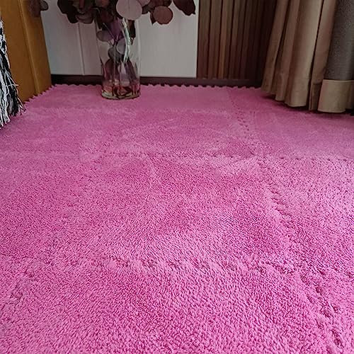 LXXW puzzlematte plüsch 18 Plüschschaum-Teppichfliesen, ineinandergreifende Puzzle-Fußmatten, rutschfeste Fußmatten, flauschige kleine Teppiche ineinandergreifende plüsch-schaumstoffmatte(Rose Red,30x