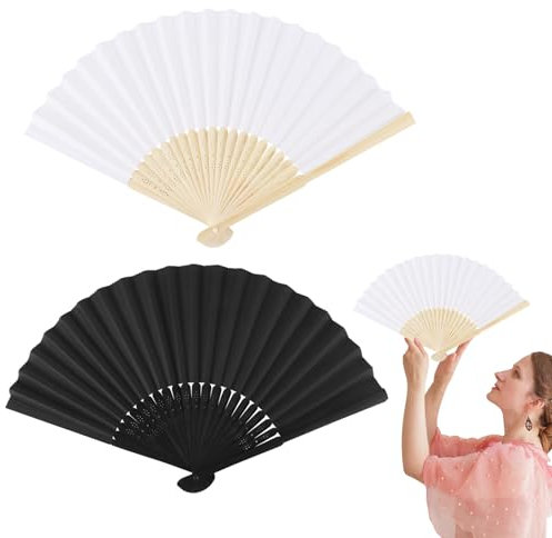 Black/White Chinese Vintage Fan, 2Pcs Bamboo Handheld Fan, Classic Oriental Fan, Exquisite Craft Paper Fans, Summer Cooling DIY Handmade Fans, Original Folding Hand Fan for Dancing Cosplay Wedding