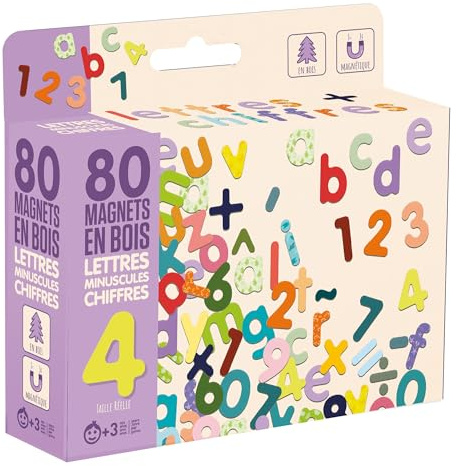 Jeujura - Magnete aus Holz, 80 kleine Letten, Zahlen und Zeichen – zum Begleiten von Tafeln – Magnete aus Holz – mit der Schrift vertraut Machen – Box 17 x 15 x 4 cm – ab 3 Jahren – 8967