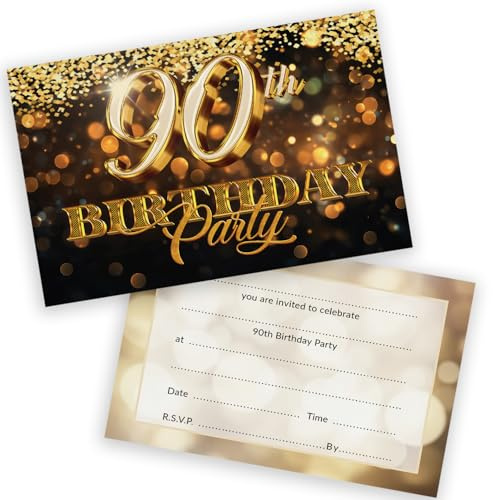 90th Birthday Party Invitations Men Women - Gold Confetti 36 Pack - Adults Birthday Invitations for Friends Family A6 Bday Party Invites Invitation Cards with Folding Envelopes
