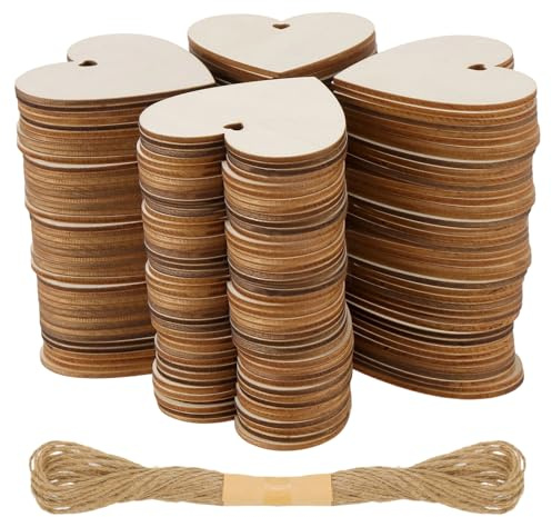 YIXNSW 100 Stück Holzherzen 7 x 7 cm aus Pappelholz mit Loch und 10 m Jute Schnur für Hochzeit, Party, Jubiläum, Basteln und Geschenkanhänger