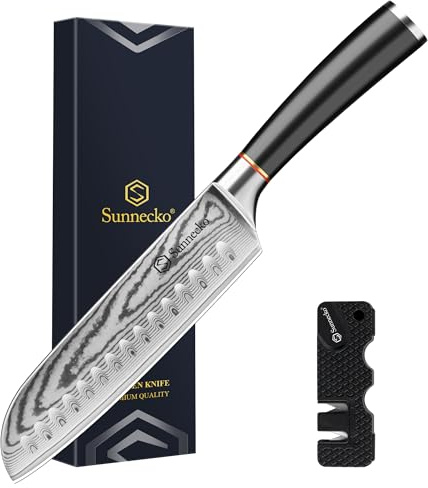 Sunnecko Santoku Messer Damastmesser 17cm | Hochwertiges Küchenmesser aus VG-10 Stahl, Fleischmesser mit Ergonomischem Griff, Schärfes Kochmesser für Lebensmittel