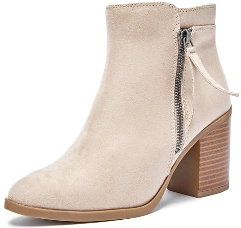 Ruiee Women's Ankle Boots Chunky Heeled Booties Classic Casual Comfortable Fall Winter Pointed Closed Toe Short Boots for Women.240978 Beige MF UKSize5