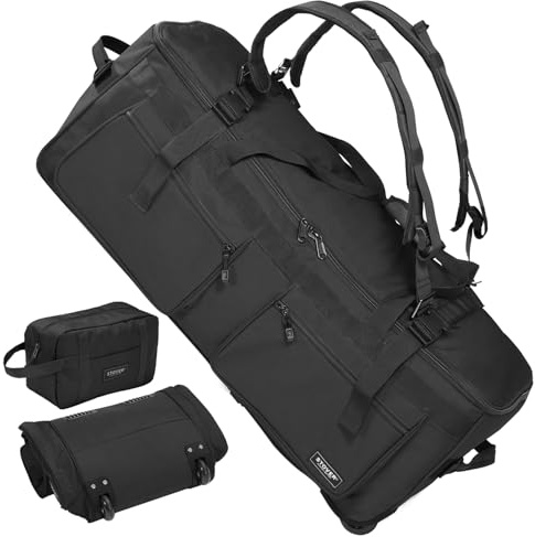 STOVER 45/80/100/120L U-Zip Rolling Duffel Bag with Wheels, X-Large Durable Travel Duffle + Toiletry Bag, Lay-Flat Opening, Packable w/Shoulder Straps- Use as Luggage or Backpack, Men/Women (Black)