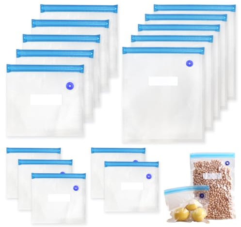 15 Pièces Sac Sous Vide Alimentaire Reutilisable, 3 Tailles Sac Congelation Sous Vide avec 4 Clips de Scellage, avec Valve, Zip, pour Le Stockage des Aliments, pour Conserver Les LéGumes, Les Fruits
