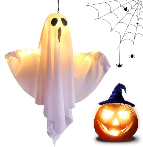 Halloween Deko Geister Hängender Geist für Dekoration, Halloween Hängende Geister mit LED Licht, Hängende Geister mit Lichterketten für Terrasse Rasen Vorgarten Garten Party