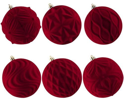 Lanpn 6 Piezas 10cm Bolas de Navidad Grandes, XXL Flocado Esferas Árbol Navideñas con Colgar, Bola Navidad Irrompibles, Adornos Navideña Colgante para Patios Fiestas Vacaciones Invierno, Rojo