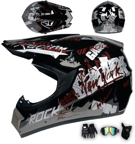 MODRYER Casco De Motocross ECE Mujer Hombre ATV Casco Moto con Gafas Guantes Máscara, Casco Integral per MX Enduro Quad BMX MTB Off Road Dirt Bike Cascos Descenso,Grey-S/52~53cm