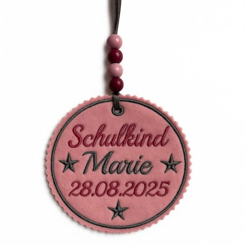 Generisch Personalisierter Filz Anhänger für Schultüte | mit Name Datum der Einschulung des Kindes hochwertig Bestickt | zum Befestigen an der Schultüte Einschulung 2026 | Button Zubehör