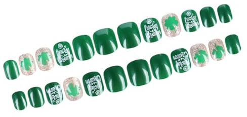 Faux ongles carrés pour la Saint-Patrick - Faux ongles artificiels à coller sur les motifs French Tips - Trèfle vert