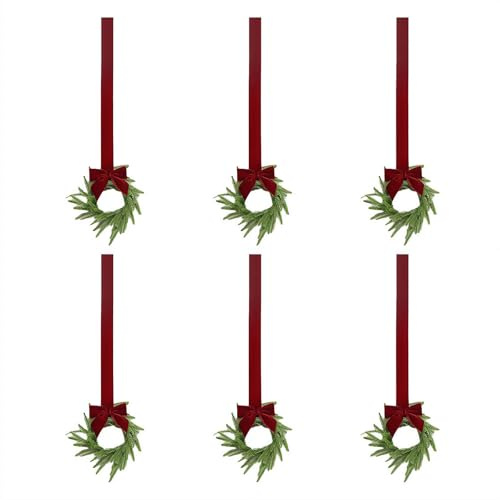 6 Pcs Mini Christmas Wreath,10 Artificial Greenery Norfolk Pine Wreaths with Red Ribbon,Kitchen Cabinet Small Wreaths Hanging Rings for Front Door Porch Window Wall Decor