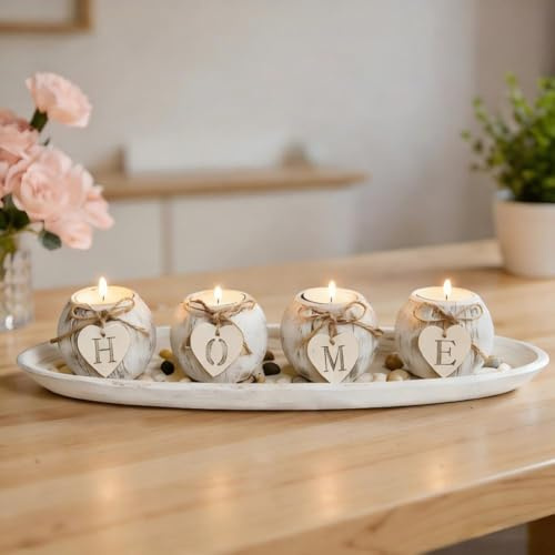 Candle Holders Set of 4 with Wooden Candle Tray, Candlestick Tealight Holders for Bedroom Decor, Christmas Table Decoration, Ornaments for Living Room, Bathroom, Friends Birthday Wedding Gifts