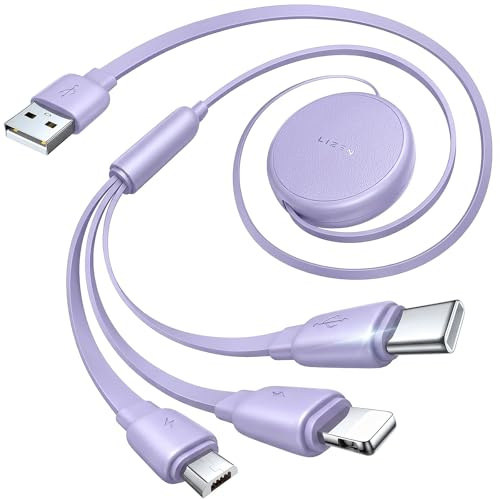 LISEN Multi Charger Cable, Retractable USB C to USB Charging Cable 3 in 1 Charger Lighting/Micro USB Cable, Travel Chargers for Multiple Devices for iPhone 17 16 15 14 Pro/Galaxy S25/Switch2, Purple