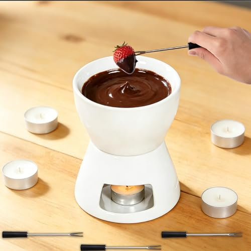 Fouvin Schokofondue Tasse 400ml, Schokofondue aus Keramik, Käseschmelzer mit 4 Metallgabeln für Frauen Männer 4 Personen